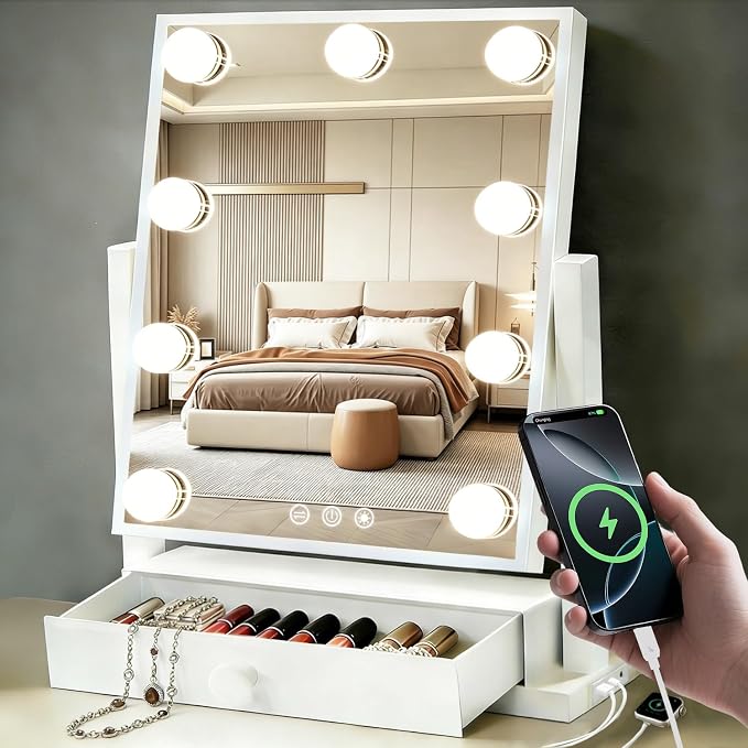 COLMERD Vanity Mirror with Lights with Drawer, Type-C and USB Charging Port, Hollywood Makeup Mirror with 9 LED Bulbs, 3 Colors Dimmable, Touch Control, Detachable 5X Magnification, Gifts for Women
