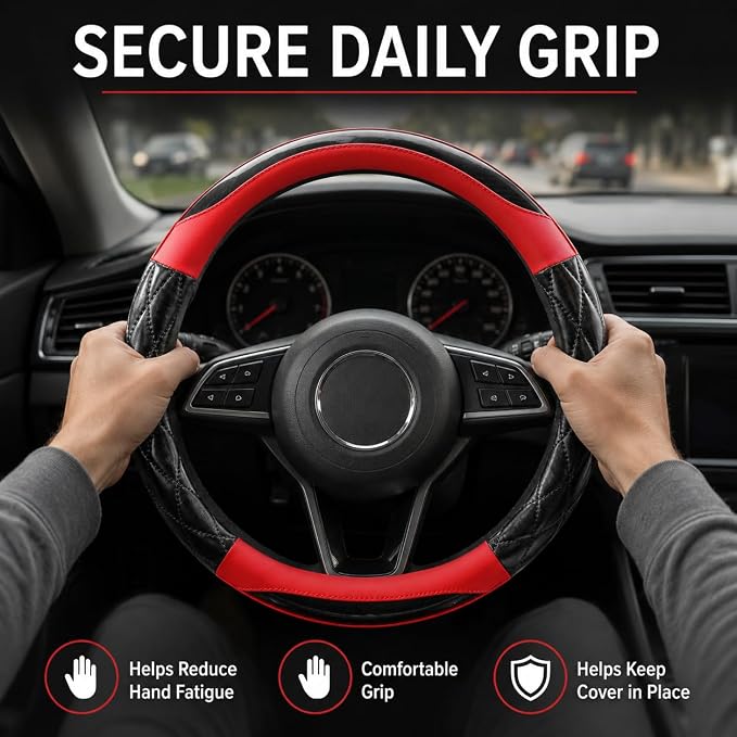 Couslcd 14.5-15 Inch Leather Steering Wheel Cover with Soft Padded Lining, Anti-Slip Comfort Grip, Universal Steering Wheel Protector for Most Cars, SUVs, Trucks (Red)