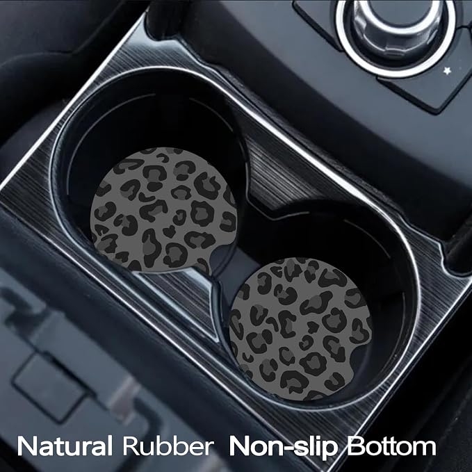 Car Coasters for Cup Holders - Black Leopard | 2 Pack Non-Slip Universal Rubber Car Cup Coaster for Women Men, Car Interior Accessories