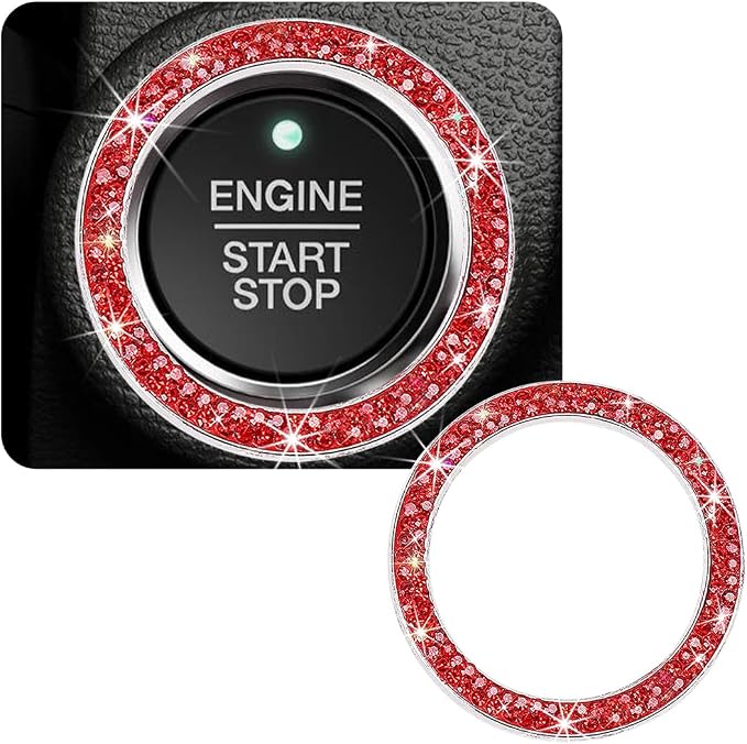 Car Bling Crystal Rhinestone Engine Start Ring Decals, Sparkling Diamond Car Push Start Button Ignition Ring Sticker, Auto Key Ignition Knob Ring Decoration for Women Girls (Red)