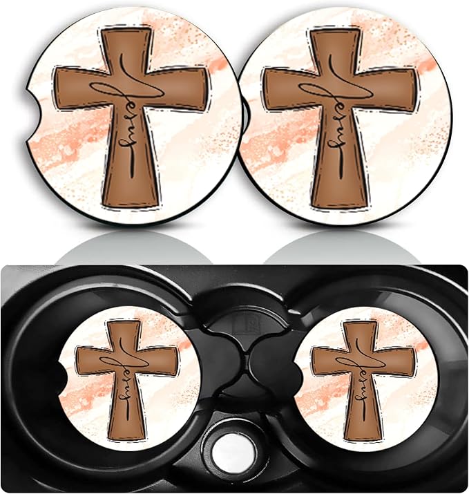 Cross Jesus Car Cup Holder Coasters Set of 2 – Fun Christian Car Accessories 2.75" Universal Size Anti Slip Rubber Mat Recessed Auto Insert Coasters Decor Religious Gifts for Women Men Dad Grandpa