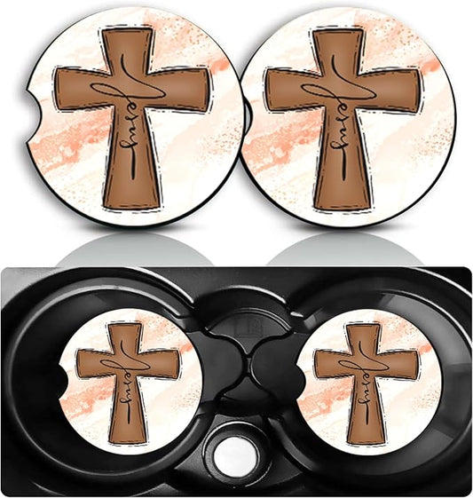 Cross Jesus Car Cup Holder Coasters Set of 2 – Fun Christian Car Accessories 2.75" Universal Size Anti Slip Rubber Mat Recessed Auto Insert Coasters Decor Religious Gifts for Women Men Dad Grandpa