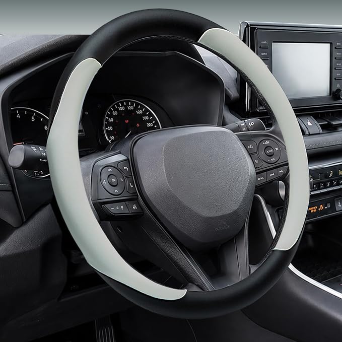 Yangday Leather Steering Wheel Cover for Toyota RAV4 Corolla Camry Highlander, 14.5-15 inches Car Steering Wheel Cover with Non-Slip Breathable (White)
