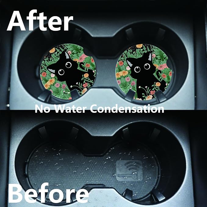 2pcs Cute Black Cat Car Coasters,Absorbent Universal neoprener Cup Holder Coasters with a Finger Notch,Car Accessories for Women&Man Interior，2.75" 3