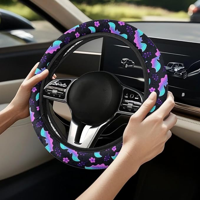 AFPANQZ Halloween Steering Wheel Cover for Cars Universal Fit 14 to 15 inch | Bat Flower Print, Universal Stretch-on Fabric, Keep Warm Steering Wheel Protector for Women