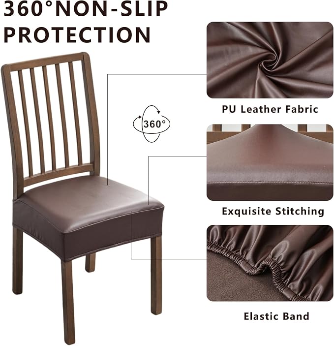 NILUOH Waterproof Seat Covers for Dining Room Chairs Set of 8, Pu Leather Chair Seat Slipcovers Dining Chair Cover Removable Washable Chair Protctor Cover, Rear Covers (PU-Coffee)