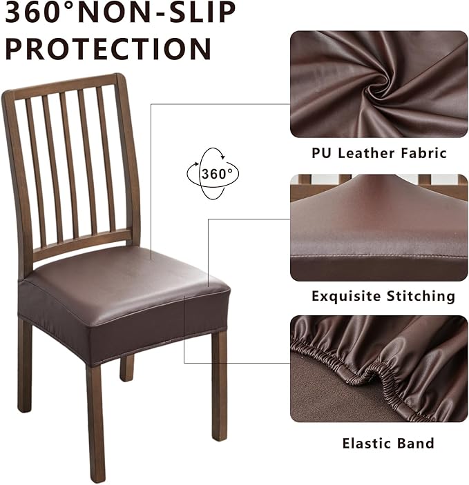 NILUOH Waterproof Seat Covers for Dining Room Chairs Set of 2, Pu Leather Chair Seat Slipcovers Dining Chair Cover Removable Washable Chair Protctor Cover, Rear Covers (PU-Coffee)