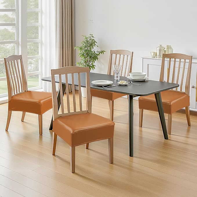 Leather Seat Covers for Dining Room Chairs Set of 6, Waterproof Kitchen Chair Seat Protector Slipcovers Made of 4-Way High Stretch PU Leather and Rear Covers Design (Orange 6 Pcs)