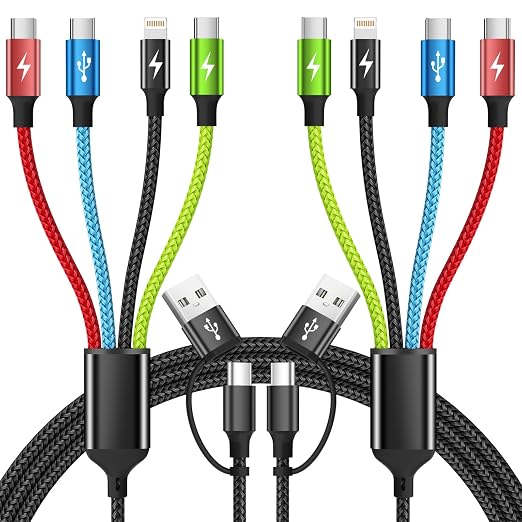 4 in 2 Multi Charging Cable, 3 Type-C & IP Cord for Multiple Devices | USB C Multi Charging Cable with 3 Type-C & IP Ports, Nylon Braided Phone Charger Cord for Travel, Car and Daily Use