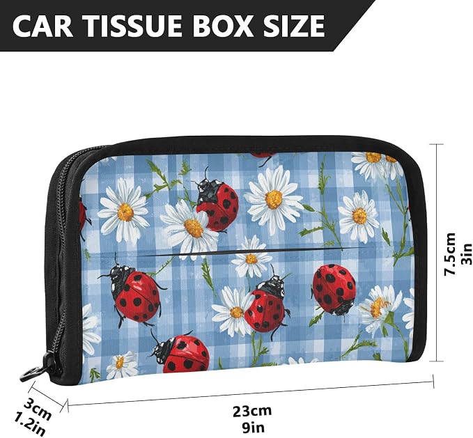 Blue Plaid Ladybugs Daisy Car Tissue Holder Durable Napkin Holder Hanging Tissue Holders Case Car Tissues Bag for Sun Visor Seat Back Universal Auto