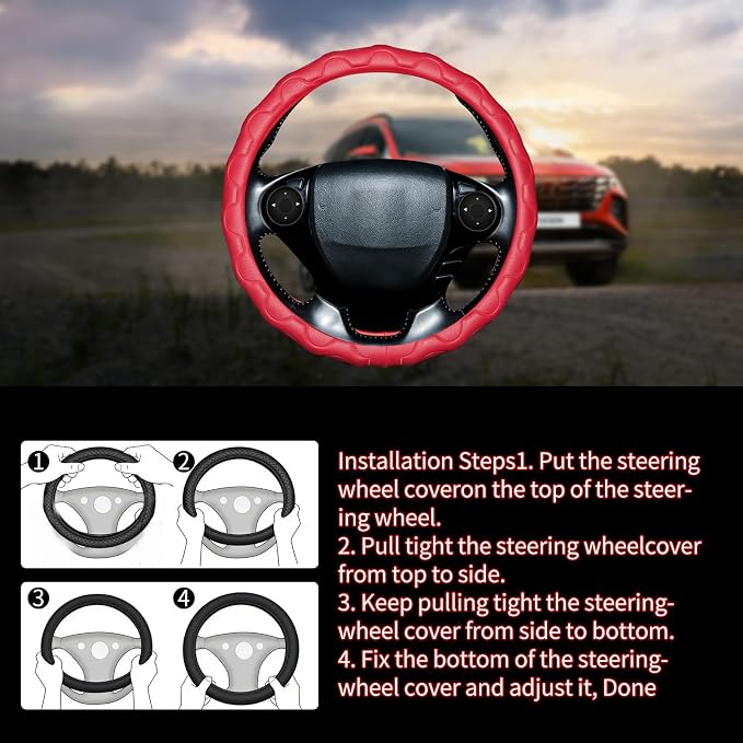 Steering Wheel Cover with Anti-Slip Leather Grip Compatible with Ford, Toyota, Honda, Nissan, and Chevrolet Vehicles for 14.5-15.35 inch Round Steering Wheels Universal Car Accessories