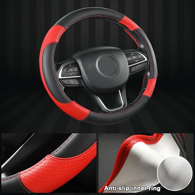 GIANT PANDA Steering Wheel Cover for Jeep Wrangler, Car Steering Wheel Cover for Jeep Grand Cherokee and Cherokee - Black+Red