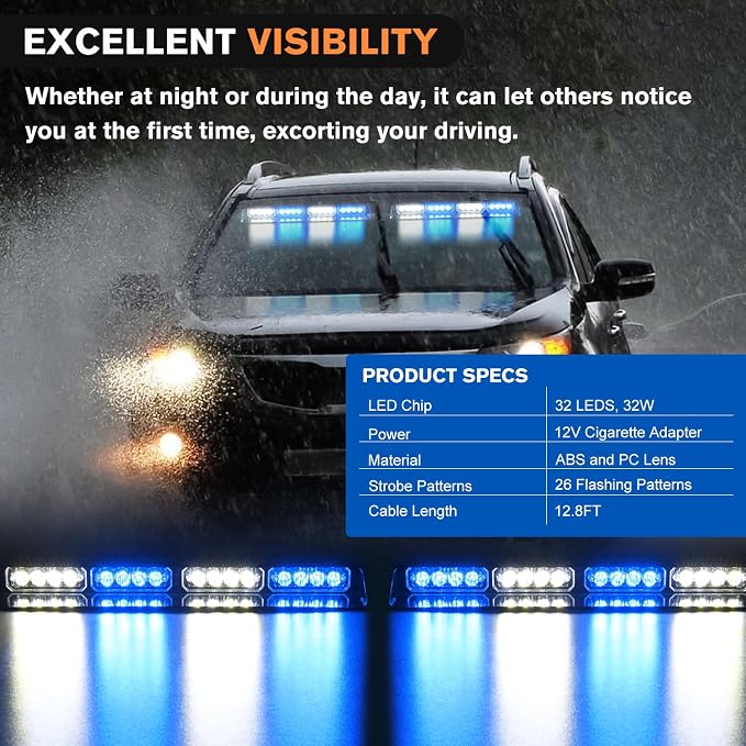 Nilight 32LED Blue White Emergency Dash Strobe Lights with Controller Suction Cups Warning Hazard Interior Front/Rear Windshield Deck Split Light Bar for Truck Construction Vehicle