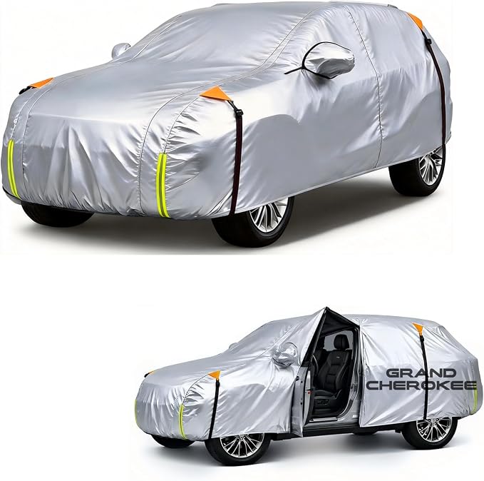 Wigoo Jeep Grand Cherokee Car Cover Accessories 1999-2026, Custom Fit Waterproof All Weather Outdoor Full SUV Cover, Windproof Sun UV Rain Snow Dust Protection, Door Zipper, Reflective Strips
