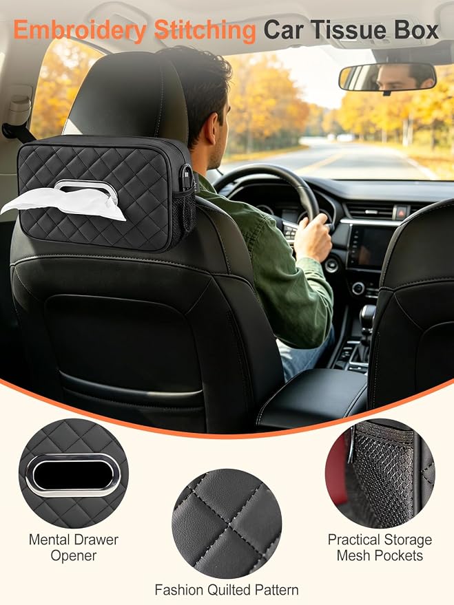 2 Pack Car Tissue Holder, Diamond-quilted Stitching Tissue Box Cover with 2 Mesh Storage Pockets, PU Leather Rectangle Napkin Organizer Fit for 90-160 Regular Size Tissues,Black