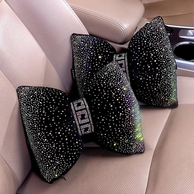 Carwales Bow Neck Support Pillow for Driving Seat Travel Head Rest Sparkly Bling Car Accessories Sparkly Rhinestone Headrest Black 2pcs for Women Men