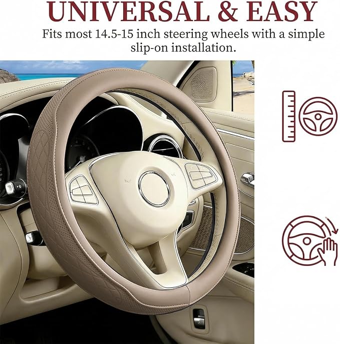 Car Steering Wheel Cover, Breathable Anti-Slip Vehicle Steering Wheel Protector with Inner Ring, Automotive Interior Protective Accessories, Universal for SUV RV Truck (Beige)