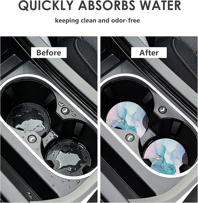 2 Pack Car Coasters，2.75-inch Neoprene Non-Slip Cup Holder Coasters for Car，Cute Car Interior Accessories for Men and Women，Green Marble