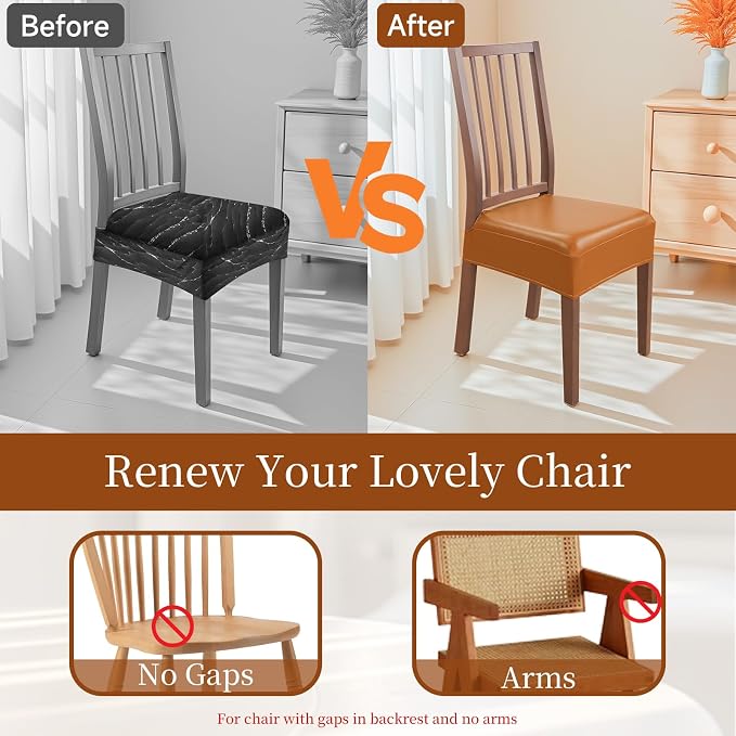 Leather Seat Covers for Dining Room Chairs Set of 6, Waterproof Kitchen Chair Seat Protector Slipcovers Made of 4-Way High Stretch PU Leather and Rear Covers Design (Orange 6 Pcs)