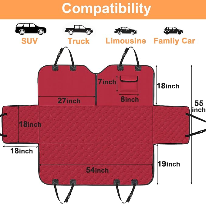 Mancro Dog Car Seat Cover, Waterproof Back Seat Pet Cover for Dogs, Red | 600D Heavy Duty, Scratch-Resistant Back Seat Pet Cover for Dogs with PVE Nonslip Underside, Fits for Sedan, Trucks and SUVs