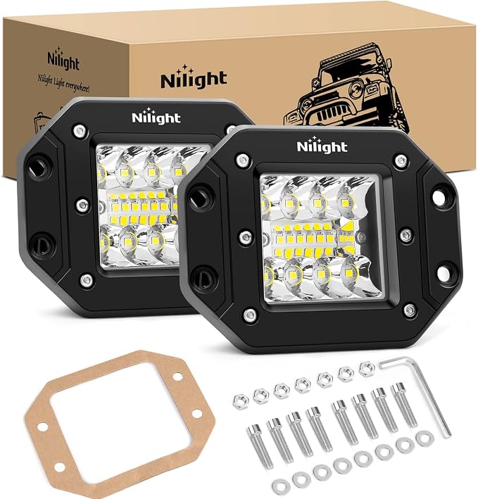 Nilight 2PCS 42W Flush Mount LED Light Pods 4.8“ X 3.6" | Spot & Flood Combo Beam, Off Road Driving, Backup & Reverse Lights for Truck, SUV, Jeep, ATV, UTV