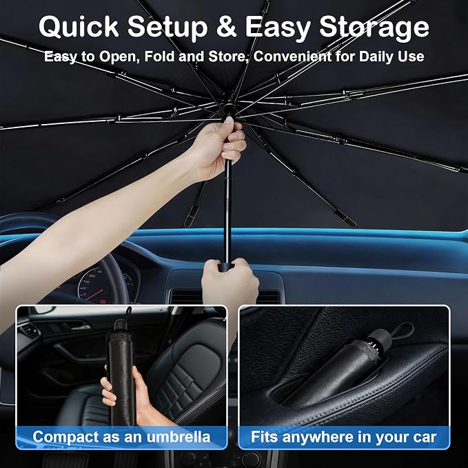Windshield Sun Shade Umbrella, Foldable Car Windshield Sun Shade Cover, 56" x 31" UV & Heat Insulation Car Sun Shade, Universal Fit for Sedans, SUVs & Trucks