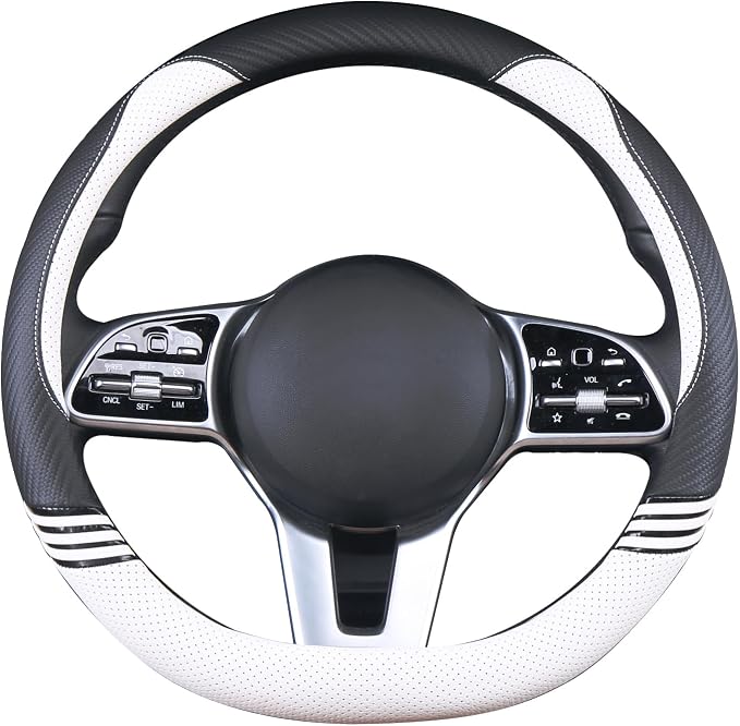 15 inch Cute Leather D Shape Steering Wheel Cover Black White | Breathable Faux Leather and Carbon Fiber Flat Bottom Car Accessories for Women Men Universal 14.5 inch to 15 inch