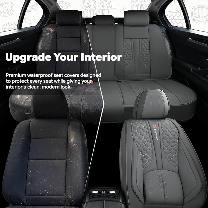 Full Set of Dark Gray Genuine Leather Seat Covers, Universal Fit | Four-Layer Anti-Slip Design with Lumbar Support