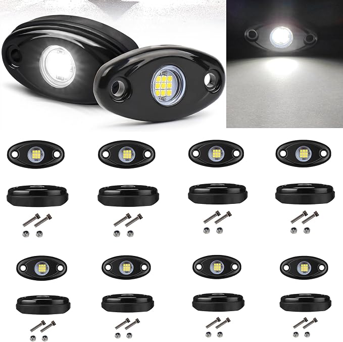 White Rock Light 12pods 6000k Pure White Led Rocks Lights kit Ip68 Waterproof 47inch Extension Wires for ATV Rv Utv SUV Offroad Pickup Trucks Golf Boat Cars Trailer Fender Underglow Lighting (White)