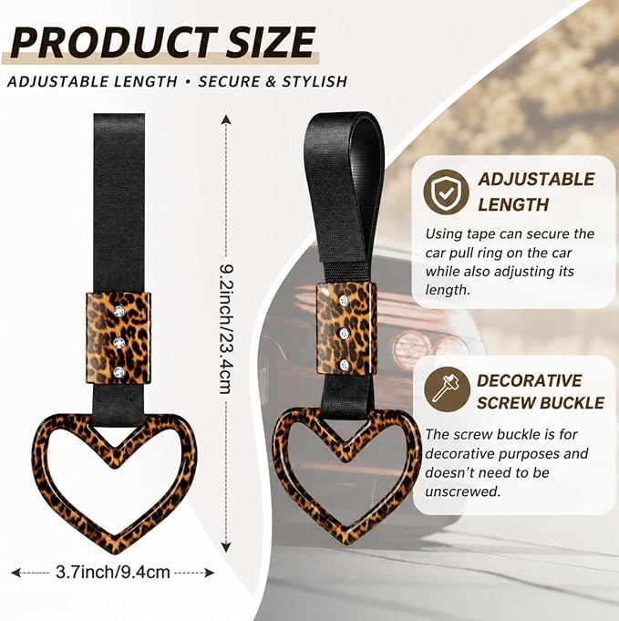Fabbay Bling Car Accessories Bling Heart Handle Ring Car Accessory for Women Hearts Hand Strap Drift Charm Rear Bumper Warning Ring Decor for Auto Interior Exterior Decoration(Leopard,Heart Style)