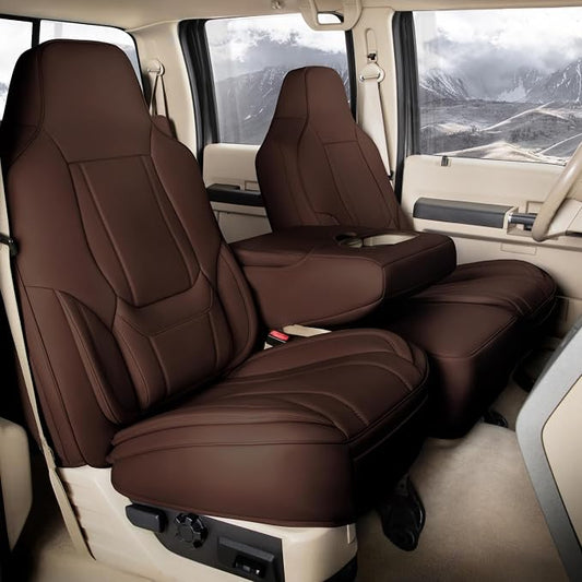 Coverland Custom Truck Car Seat Covers Front Seats for [2017-2022 F250 F350 F450 Super Duty SuperCrew Front 40/20/40 Split Seat Rear 40/60 Bench w/Armrest] - Waterproof Protector [Front-Dark Brown]