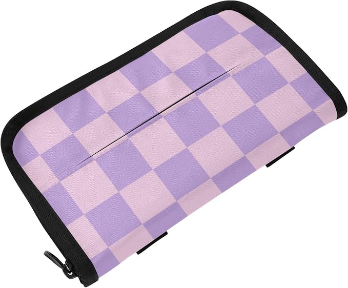 Car Tissue Holder Car Napkin Holder Tissue Box Dispenser Storage Case Sun Visor Mask Holder with Adjustable Straps Reusable Refillable Checkered Purple