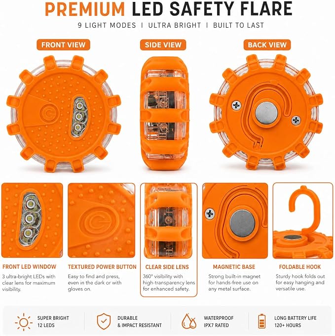 3 Pack LED Road Flares Emergency Lights, Magnetic Roadside Warning Lights with 9 Flash Modes, Hook, Carrying Case, Water Resistant Safety Beacon for Cars, Trucks, RVs, Boats