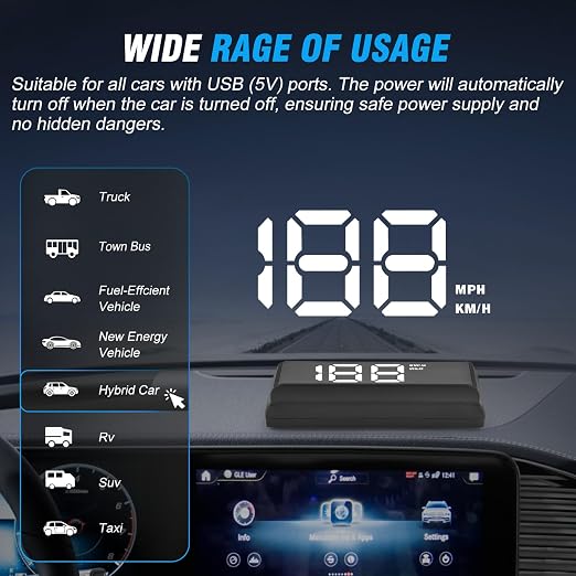 W2 Heads Up Display for Cars,Speedometer with Overspeed Alarm,Automatic Brightness Adjustment,Triple Over-Speed Alarm,LED Large Font,Built in Sun Visor,Plug & Play USB HUD Fit for All Vehicles(White)