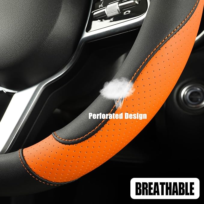 Black Orange Microfiber Leather D Shaped Steering Wheel Cover | Breathable Anti Slip Grip Cool Sporty Look Glow for Women Men