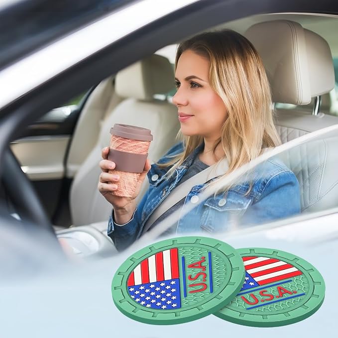 AUCELI 2 Pack Car Cup Holder Coasters, Colored American Flag US Flag Insert Car Cup Coaster, 2.75 Inch Anti Slip Shockproof Embedded Drink Mat, Vehicle Interior Decor Accessories