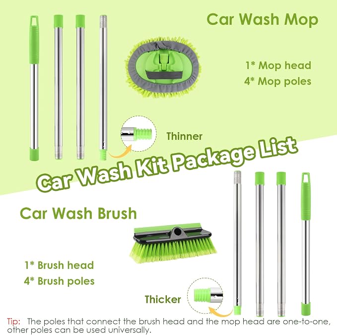 2 Pack Car Wash Brush with 62" Long Handle for Exterior Truck, RV, Boat | Microfiber Car Wash Mop and Car Washing Brush Combo, Soft Bristle Cleaning Brush, Rubber Squeegee, Car Cleaning Kit for Home