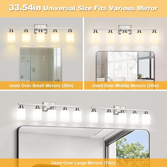 Unicozin 5-Light Bathroom Light Fixtures, Modern Brushed Nickel Vanity Light Over Mirror, Wall Sconces with Milky White Glass Shades for Living Room Bedroom Hallway E26 Base