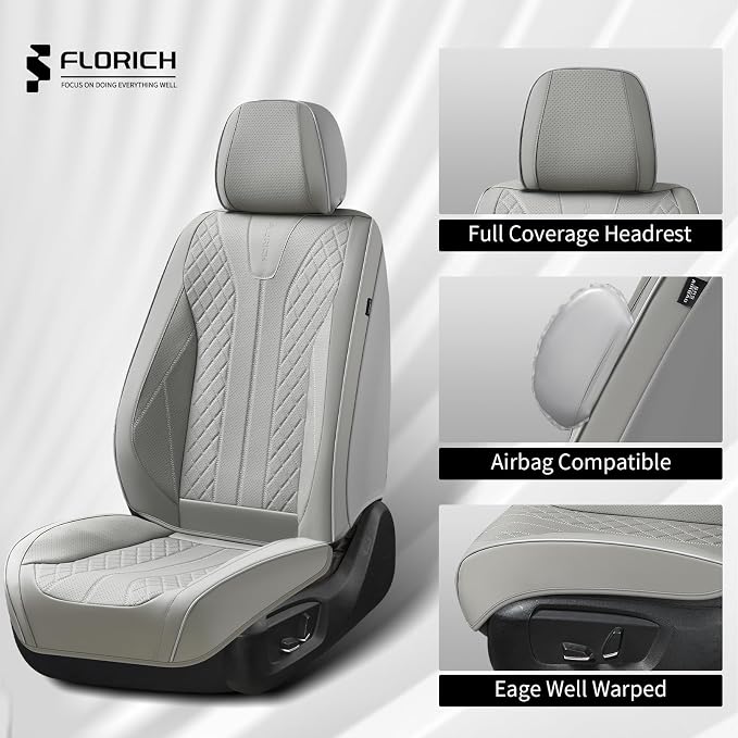 FLORICH Car Seat Covers Full Set Leather Seat Cover for Cars Full Coverage Seat Cover Waterproof Universal Seat Cover for Cars Seats Protector Cushion Universal Fit for Most Cars SUV Trucks, Gray