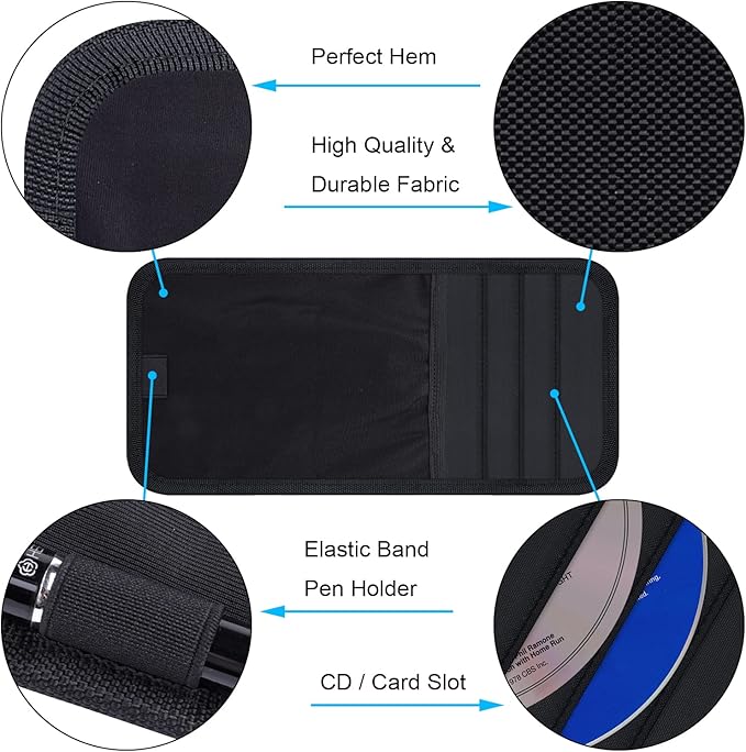 Wisdompro Car Sun Visor Storage Pouch, Sunglasses Bag & 3 CD Sleeves, Black | with Pen Holder and Elastic Strap, Auto Sunvisor Organizer Pocket for Glasses, Document, Card, DVD, Papers, Receipts