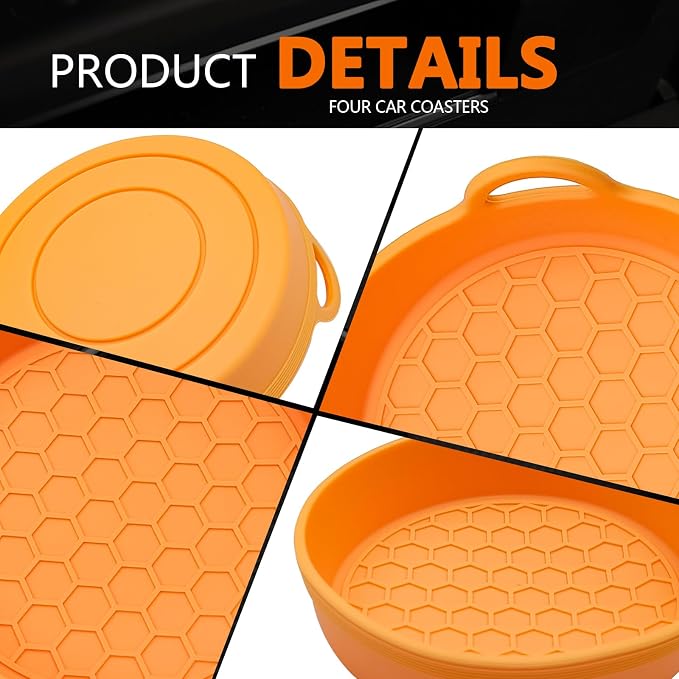4 Pack Car Cup Holder Coaster, Universal Silicone Non-Slip Insert Pad, Waterproof Spill-Proof Drink Mat for SUV Sedan Truck, Automotive Interior Accessories (Orange)