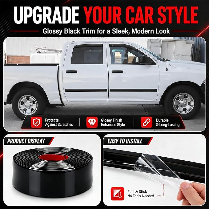 Pangda Glossy Black Body Side Molding Trim 2 Inch Wide Universal Car Bumper Door Edge Protector 25 Feet Self Adhesive Automotive Guard for Trucks SUVs Marine Crafts and DIY Home Furniture