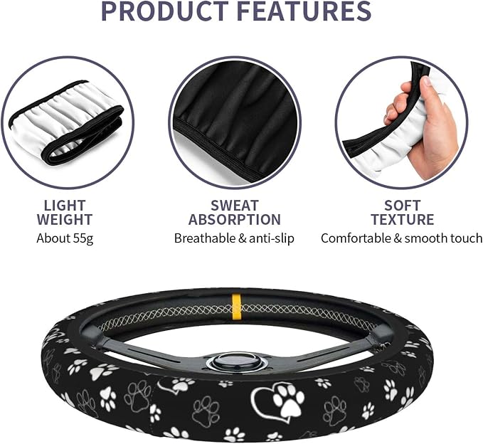 Paw Print Steering Wheel Cover - Black White Dog Paw Steering Wheel Car Accessories Universal 15 Inch Cute Steering Wheel Cover Girls Women Men Anti Slip Breathable Wheel Cover
