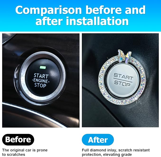 2PCS Bling Car Engine Start Stop Decoration Ring, Crystal Rhinestone Auto Push Start Button Ignition Ring Sticker, Vehicle Decor Accessories for Women Girls, Universal for Vehicles (AB Color)