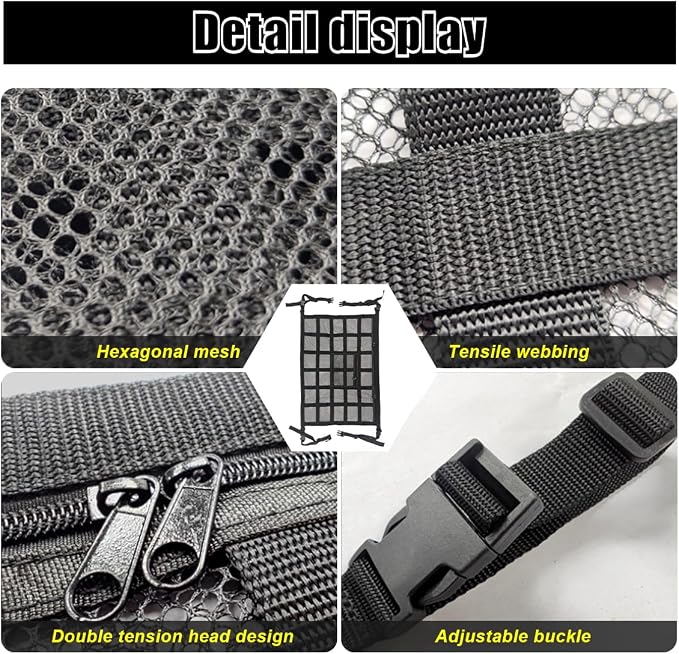 Car Ceiling Cargo Net Pocket, 30" x 21.2", Droop Less Car Storage Organizer, Strengthen Load Bearing Double Layer Mesh Organizer, SUV, Trucks, Camping, Road Trip Essentials