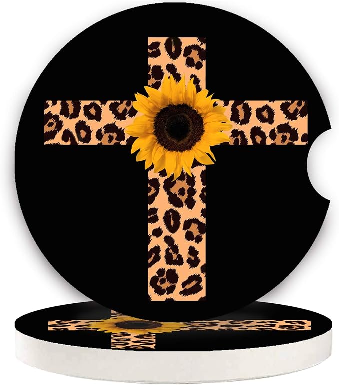 Car Coasters 2 Pack, Small 2.56" Absorbent Ceramic Coaster for Car, Keep Cup Holders Clean and Dry, Auto Coasters Set for Women Men Cup Holder, Leopard Print Cross with Sunflower Style Car Coasters