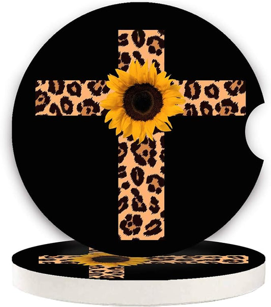 Car Coasters 2 Pack, Small 2.56" Absorbent Ceramic Coaster for Car, Keep Cup Holders Clean and Dry, Auto Coasters Set for Women Men Cup Holder, Leopard Print Cross with Sunflower Style Car Coasters