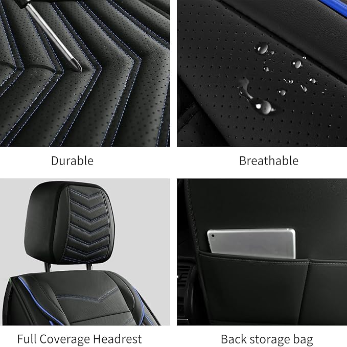 HChengkikz Front Car Seat Cover, Faux Leather, Waterproof (Black+Blueline) | Easy Maintenance, Airbag Compatible, Universal Fit For Most SUVs Trucks Pick-ups Sedans