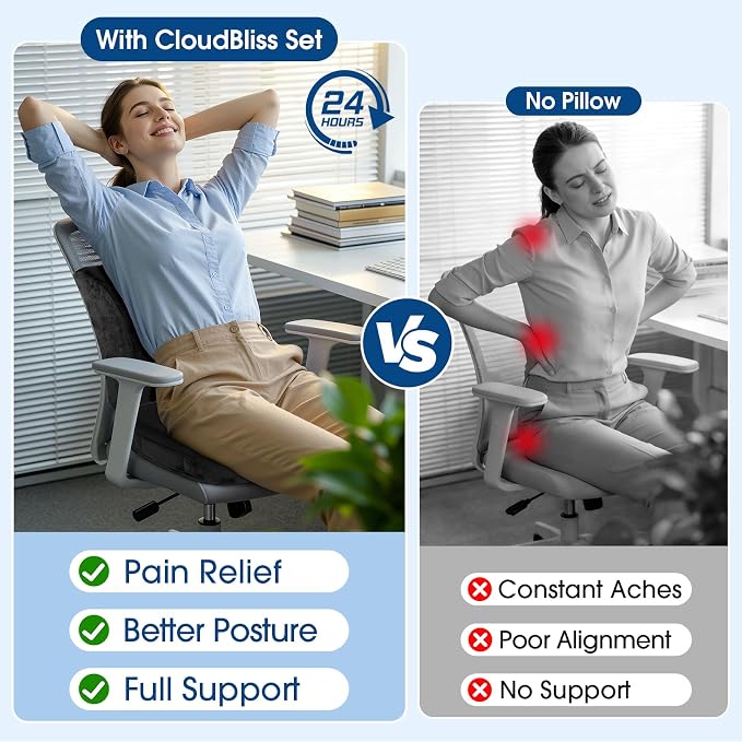 CloudBliss Lumbar Support Pillow & Seat Cushion Set for Office Chair, Desk Chair, Wheelchair & Car – Memory Foam Back Support, Ergonomic Chair Cushions, Sciatica Pain Relief, Home Essentials, Grey