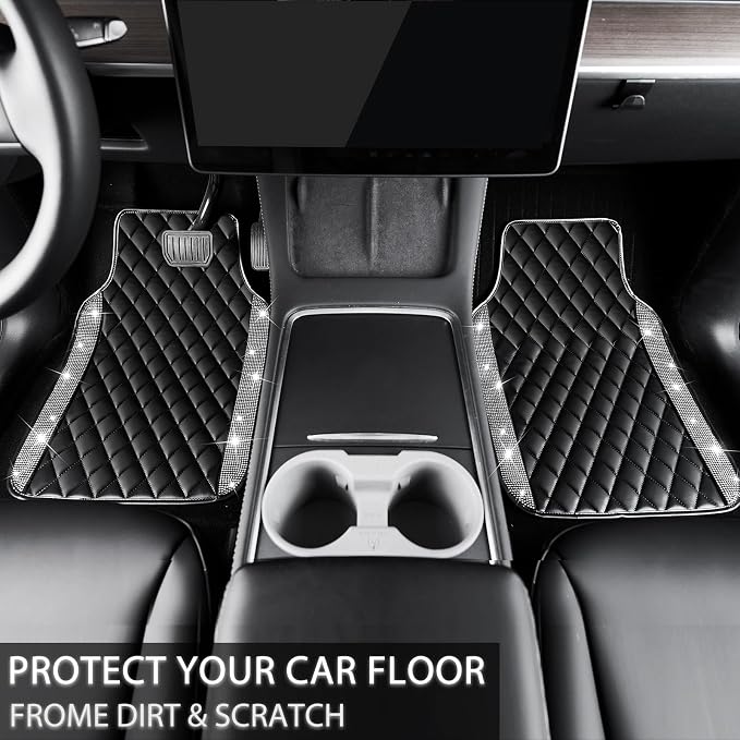 NBTEPEM Bling Leather Car Floor Mats Full Set, Sparkly Diamond Car Mats Universal Fit Most Automotive, Glitter Rhinestone Carpet Waterproof Anti-Slip, 5 pcs Set (Black Leather Silver Diamond)